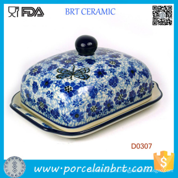 Plato de mantequilla de cerámica decorativo de la cocina de la flor púrpura